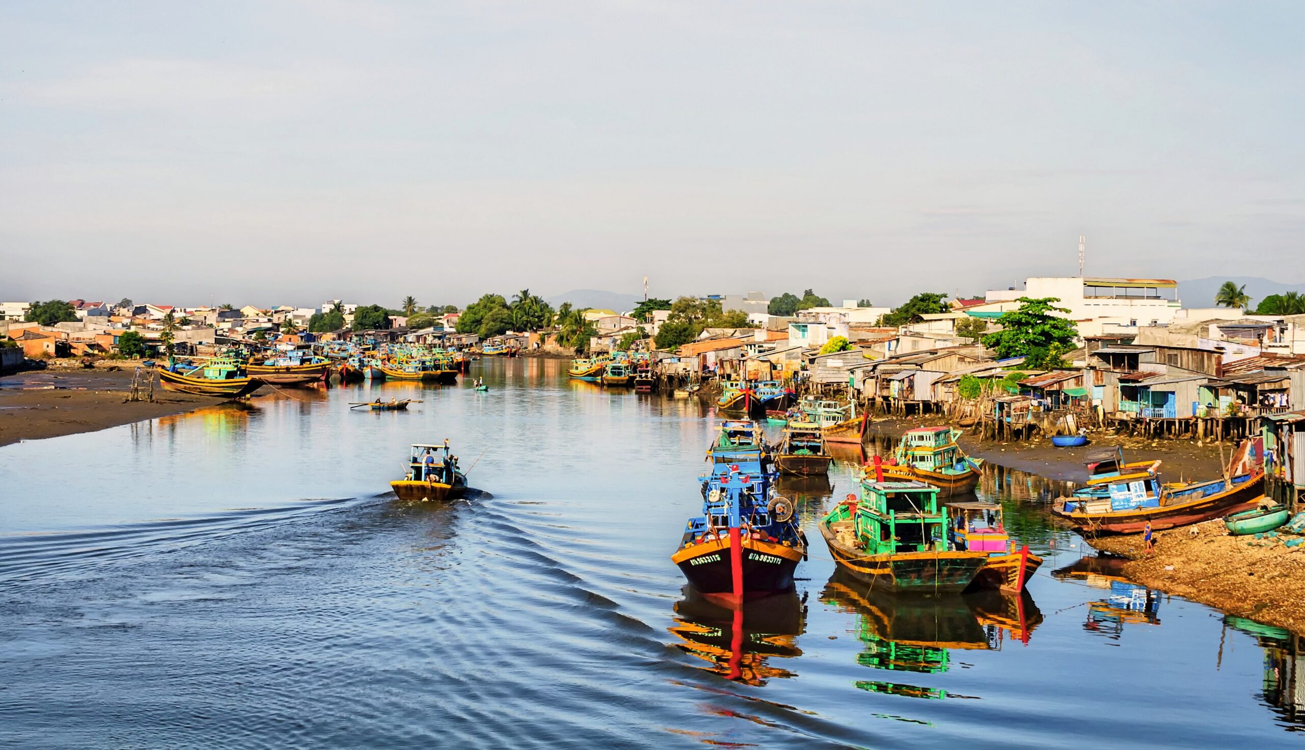 Fishing boats moored on the Ca Ty river in Phan Thiet city, Binh Thuan